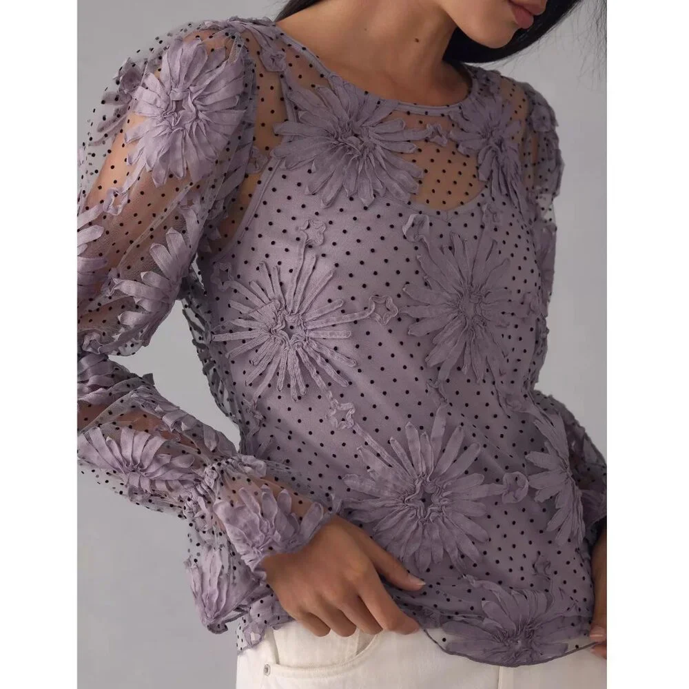 Anthropologie Eva Franco Lace Floral Blouse Purple XL